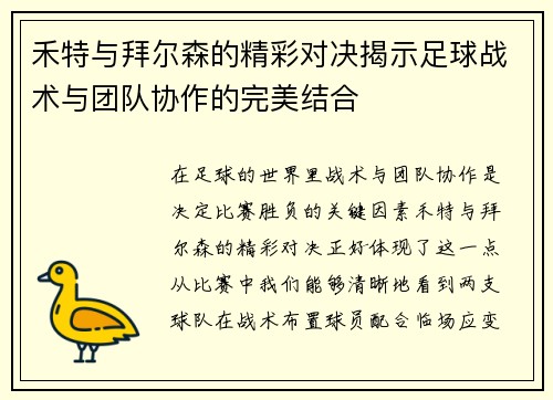 禾特与拜尔森的精彩对决揭示足球战术与团队协作的完美结合